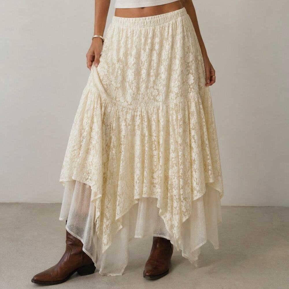 NWT Indigo Soul 2X Lace Mesh Layered Asymmetrical Boho Fairy Grunge Maxi Skirt